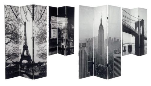Cosmo: Room divider with New York & Paris city prints.