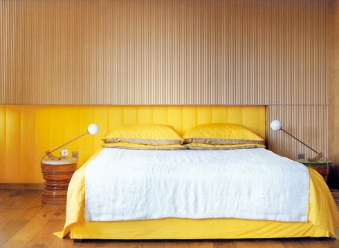 Penelope Bed: Leather headboard with wood frame, available in sizes :120cm & 140cm. Designed by Vanlian